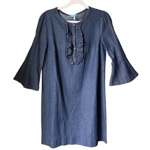 Draper James Chambray Shift Dress Ruffle 3/4 Bell Sleeves 100% Cotton Denim SZ 8